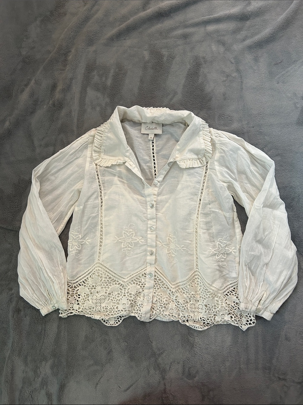 Cleobella White Embroidered Button-Front Crochet Hem Blouse